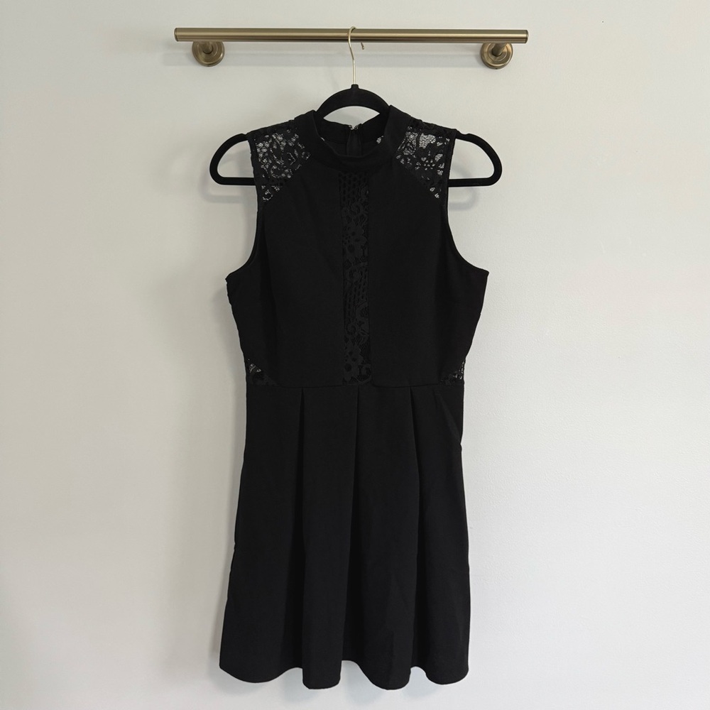 Speechless Black Lace Cutout Mini Pleated Dress